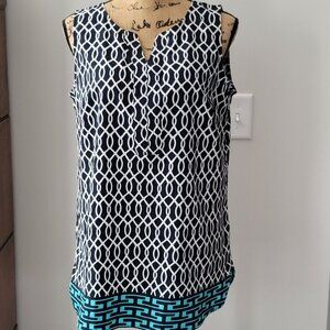 Croft & Barrow Blue White Geometric Print Sleeveless Blouse Medium